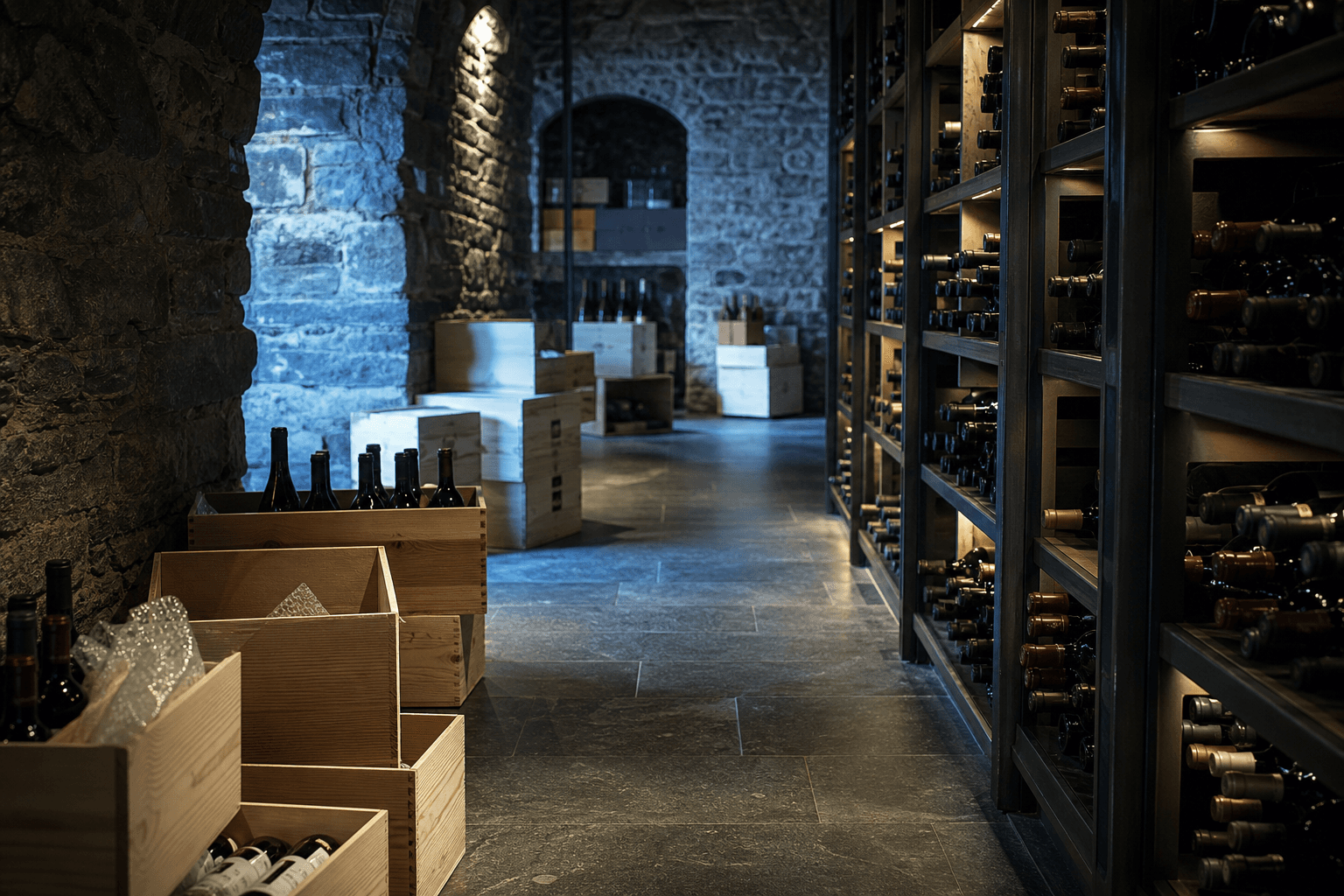 Modern cellar aisle with lit racks and crates ready to catalog